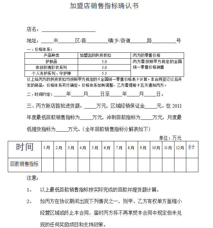 加盟店销售指标确认书